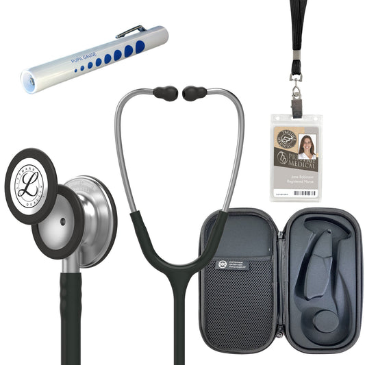 Pre Clinical Kit - Littmann Classic III Stethoscope, All Black Pod Technical Stethoscope Case, Disposable Pen Light & ID Holder