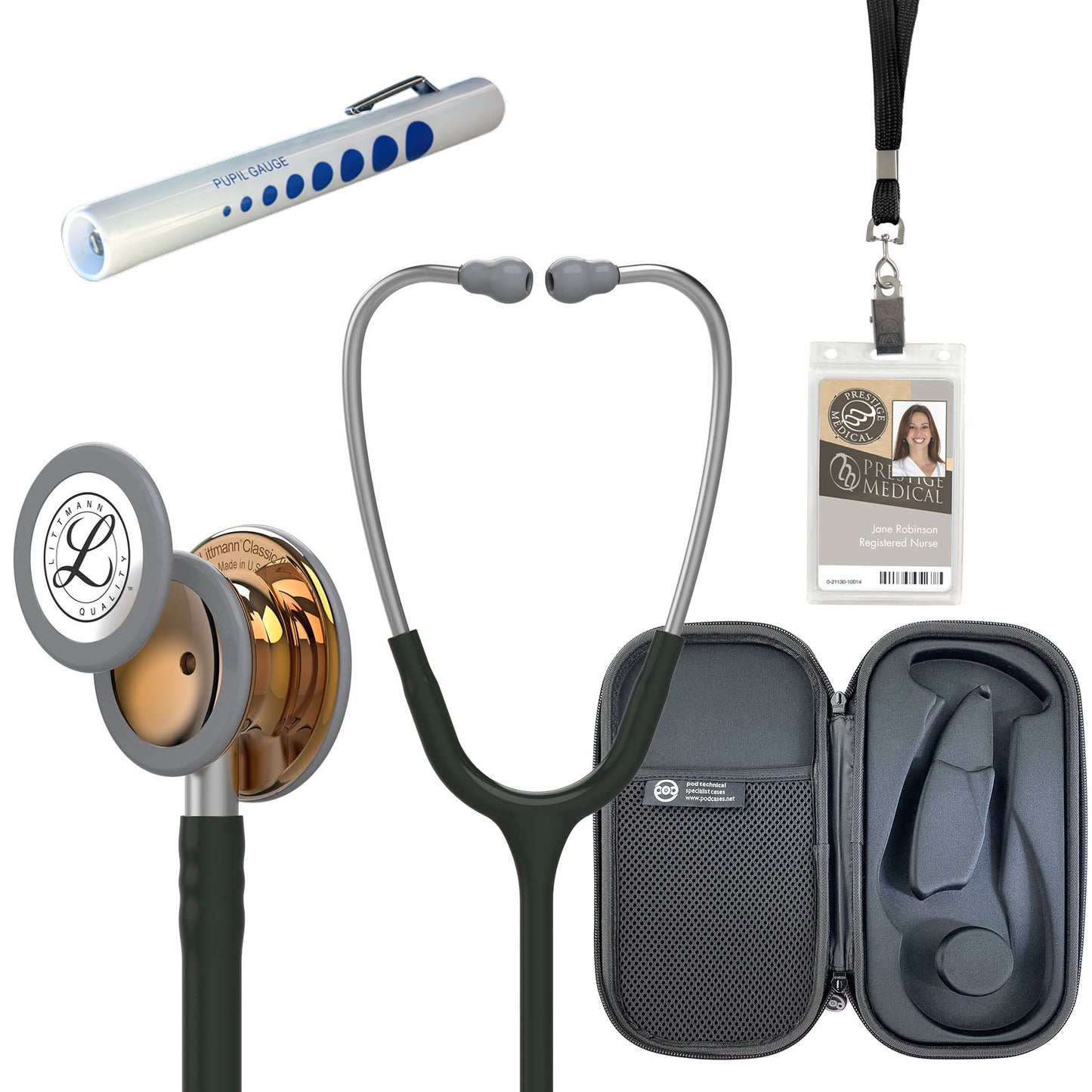 Pre Clinical Kit - Littmann Classic III Stethoscope, All Black Pod Technical Stethoscope Case, Disposable Pen Light & ID Holder