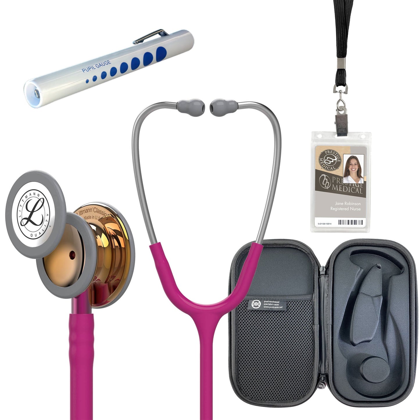 Pre Clinical Kit - Littmann Classic III Stethoscope, All Black Pod Technical Stethoscope Case, Disposable Pen Light & ID Holder