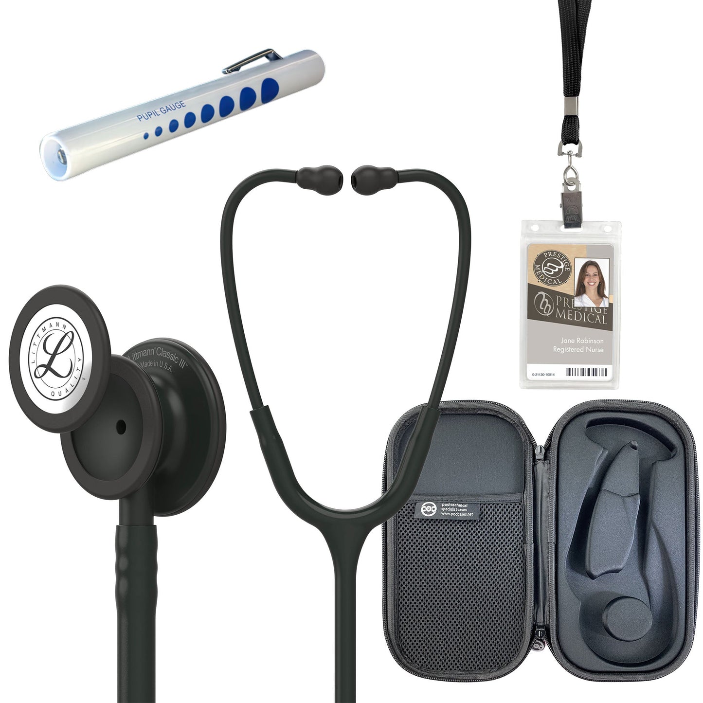 Pre Clinical Kit - Littmann Classic III Stethoscope, All Black Pod Technical Stethoscope Case, Disposable Pen Light & ID Holder