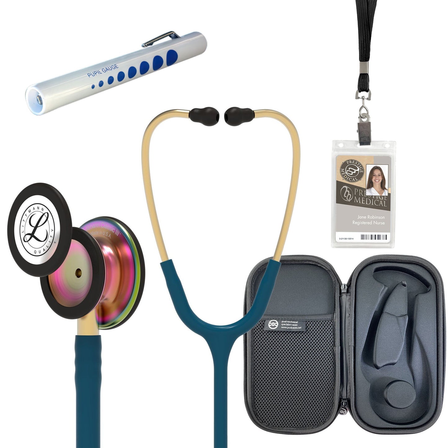 Pre Clinical Kit - Littmann Classic III Stethoscope, All Black Pod Technical Stethoscope Case, Disposable Pen Light & ID Holder