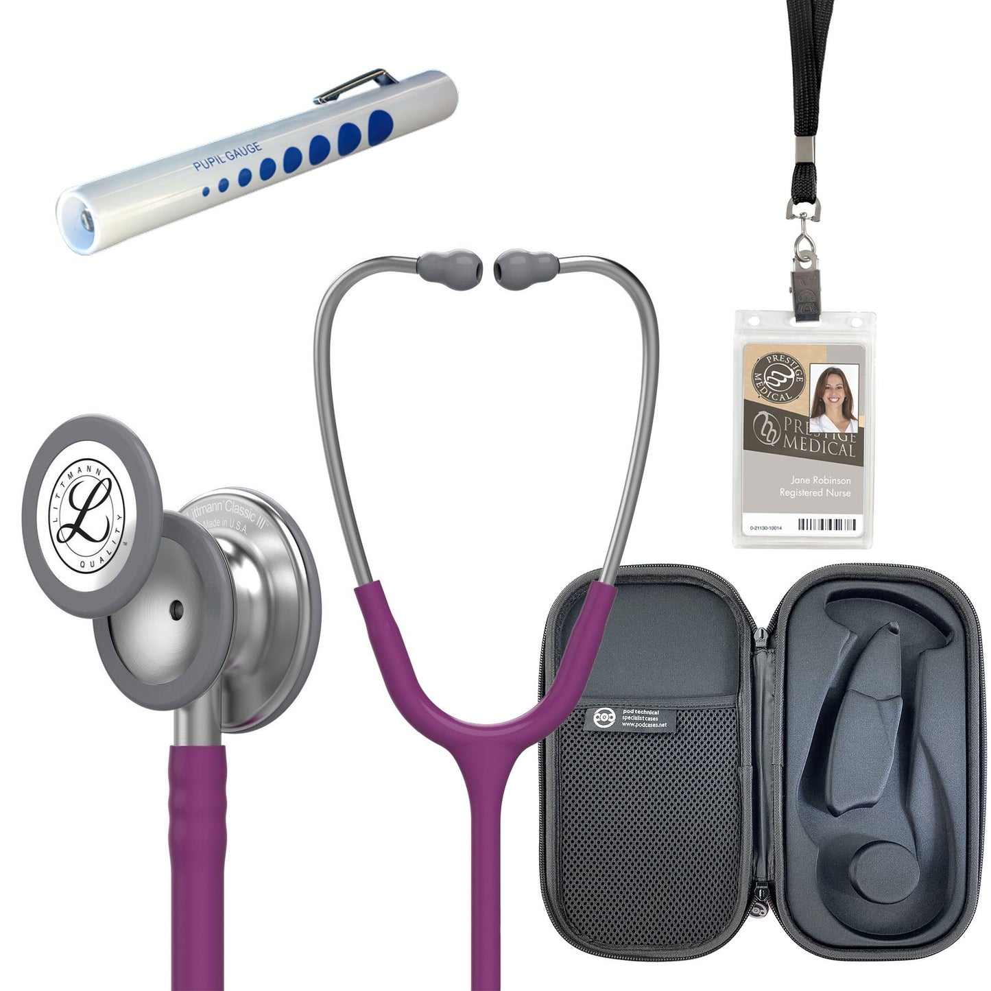 Pre Clinical Kit - Littmann Classic III Stethoscope, All Black Pod Technical Stethoscope Case, Disposable Pen Light & ID Holder