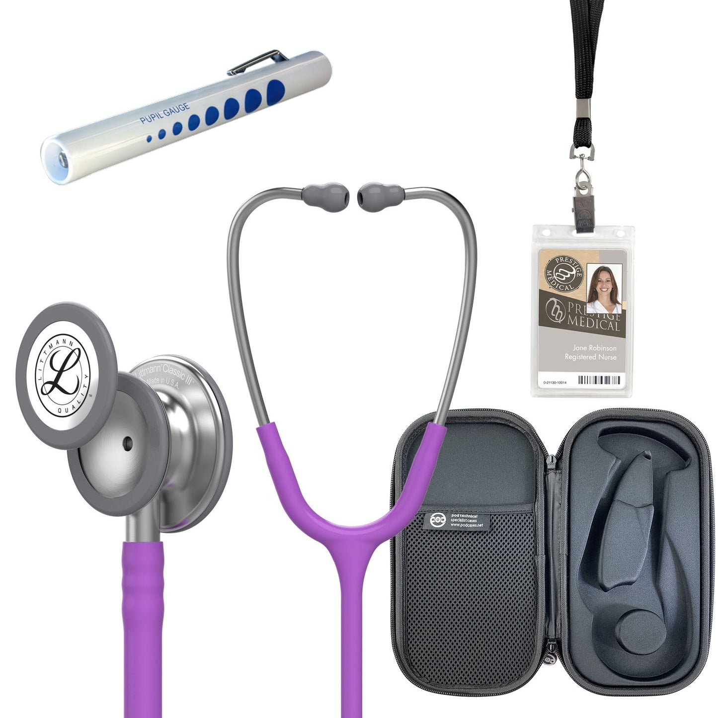 Pre Clinical Kit - Littmann Classic III Stethoscope, All Black Pod Technical Stethoscope Case, Disposable Pen Light & ID Holder