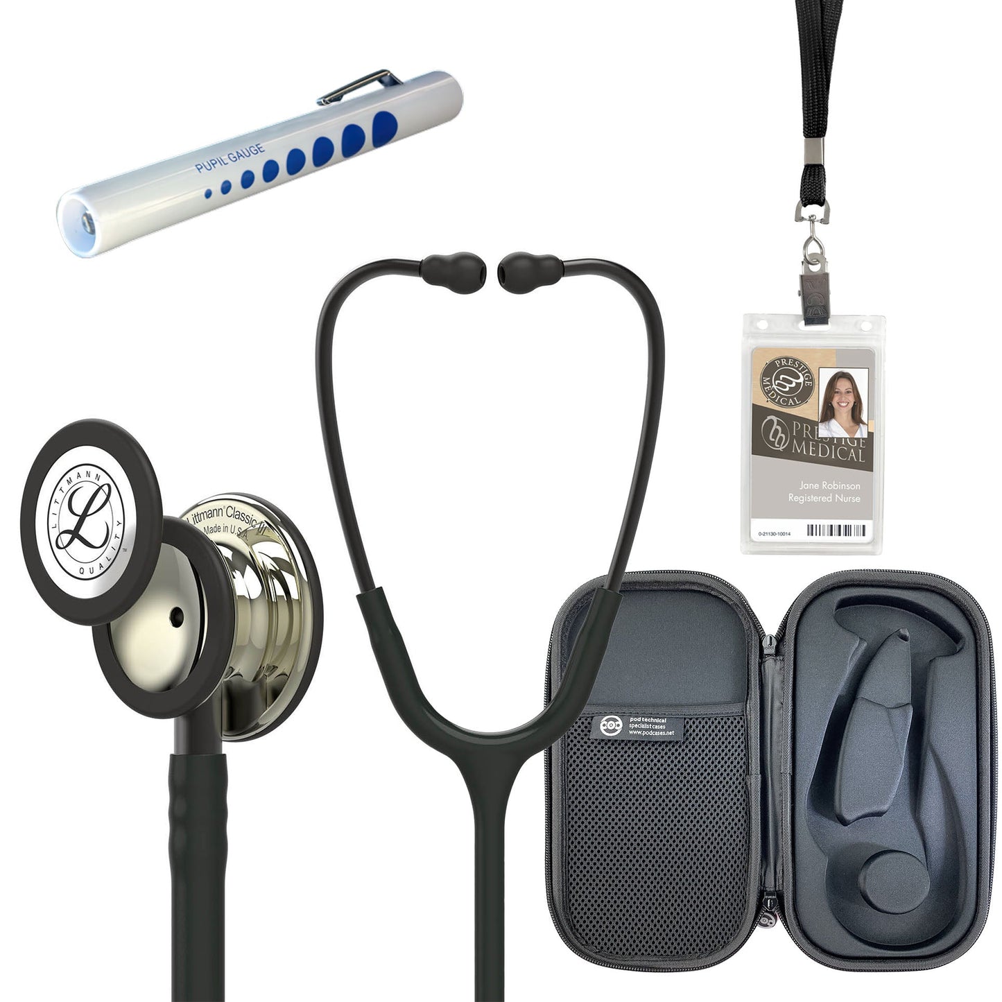 Pre Clinical Kit - Littmann Classic III Stethoscope, All Black Pod Technical Stethoscope Case, Disposable Pen Light & ID Holder