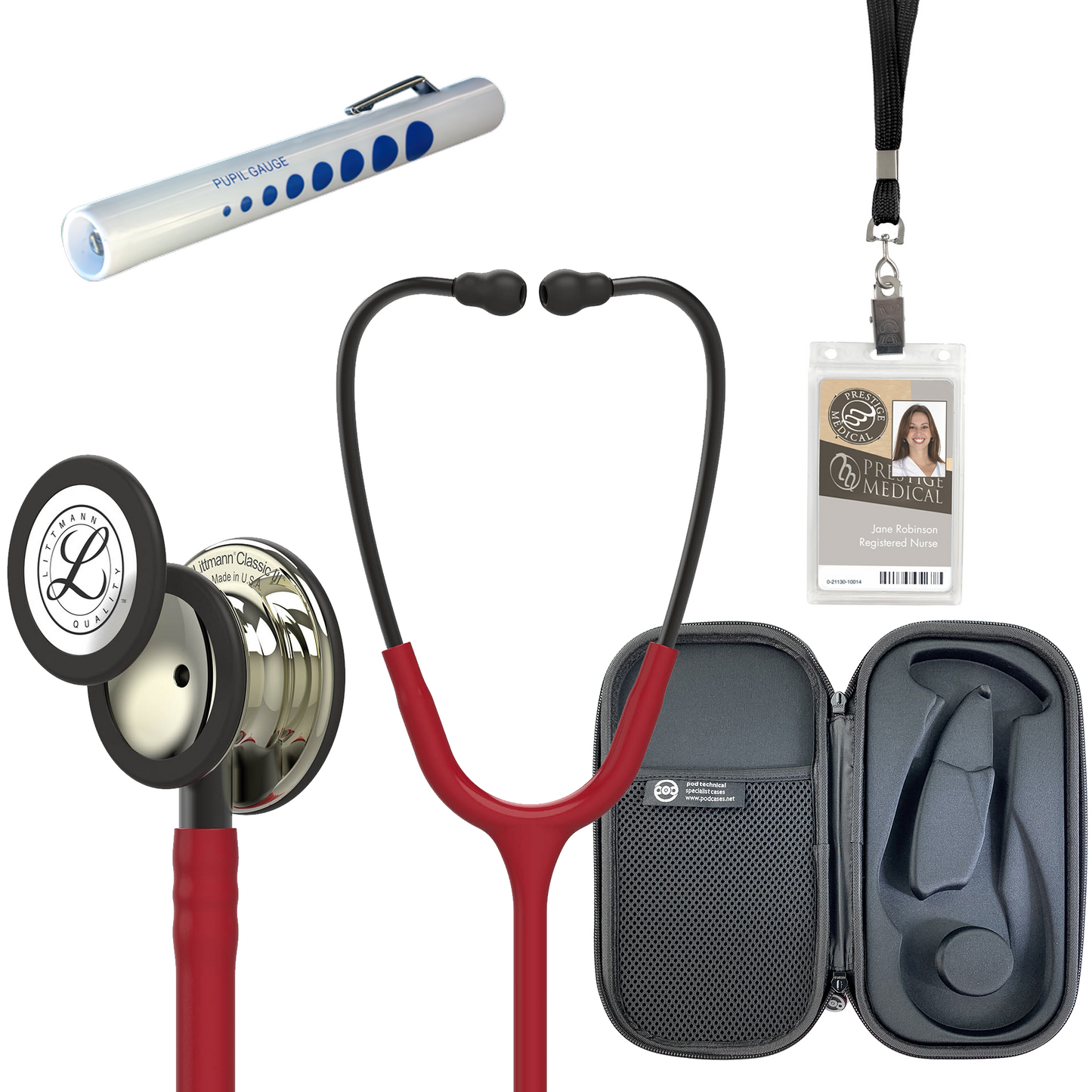 Pre Clinical Kit - Littmann Classic III Stethoscope, All Black Pod Technical Stethoscope Case, Disposable Pen Light & ID Holder