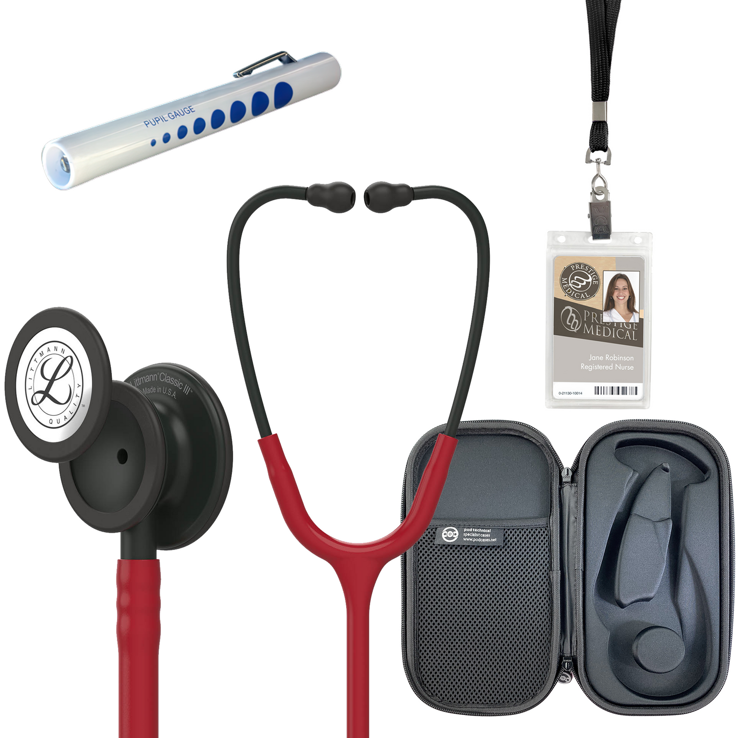 Pre Clinical Kit - Littmann Classic III Stethoscope, All Black Pod Technical Stethoscope Case, Disposable Pen Light & ID Holder