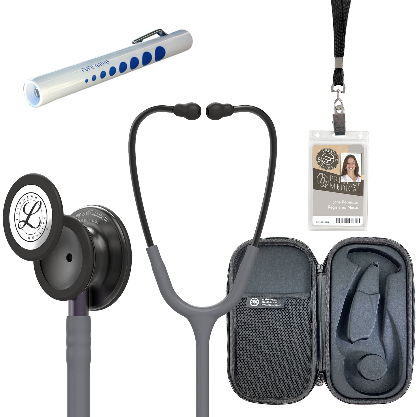 Pre Clinical Kit - Littmann Classic III Stethoscope, All Black Pod Technical Stethoscope Case, Disposable Pen Light & ID Holder