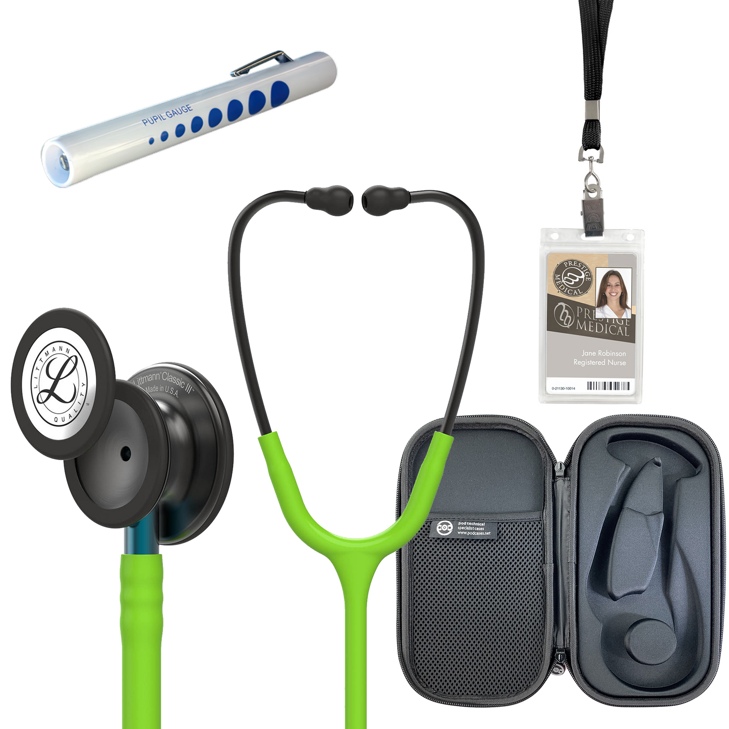 Pre Clinical Kit - Littmann Classic III Stethoscope, All Black Pod Technical Stethoscope Case, Disposable Pen Light & ID Holder