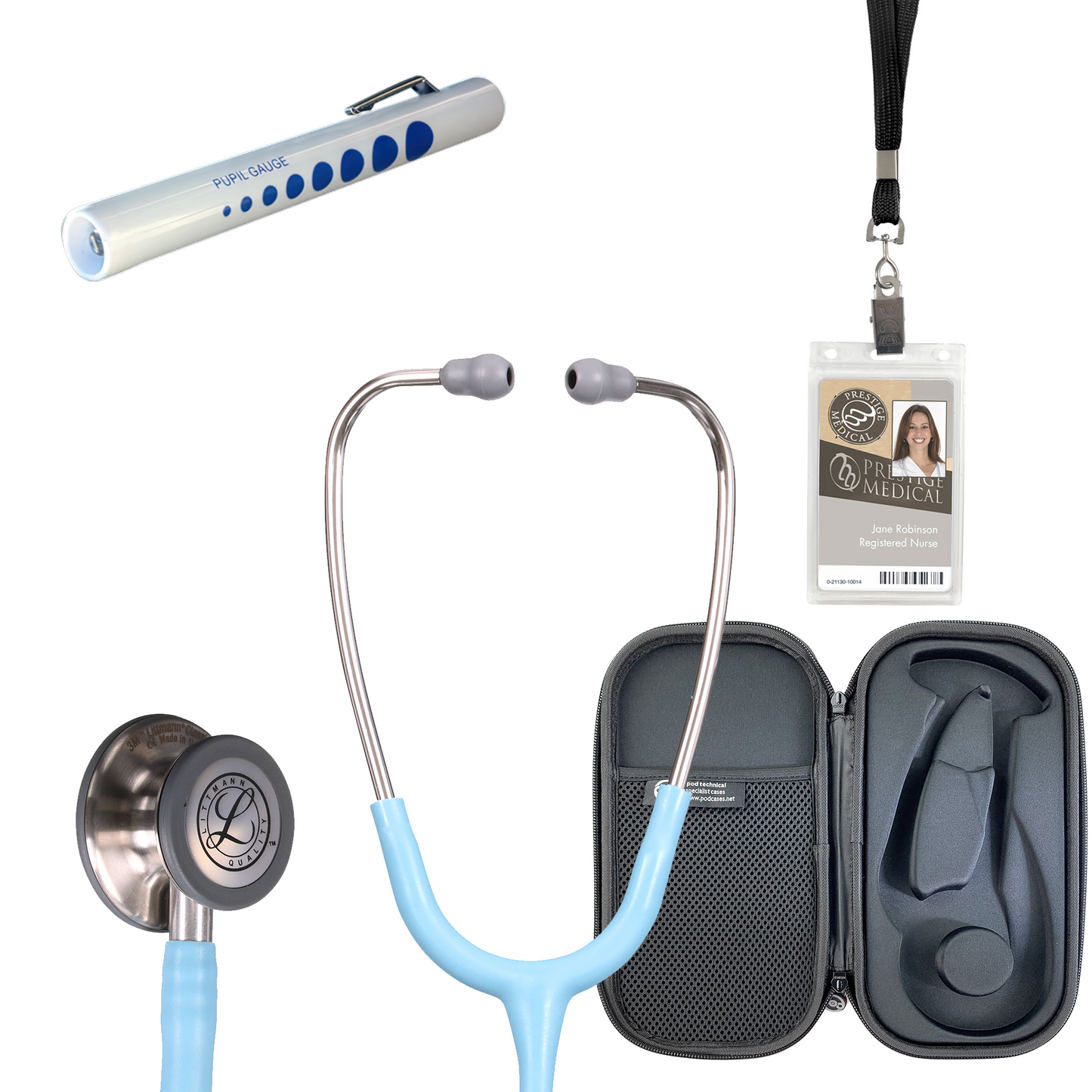 Pre Clinical Kit - Littmann Classic III Stethoscope, All Black Pod Technical Stethoscope Case, Disposable Pen Light & ID Holder