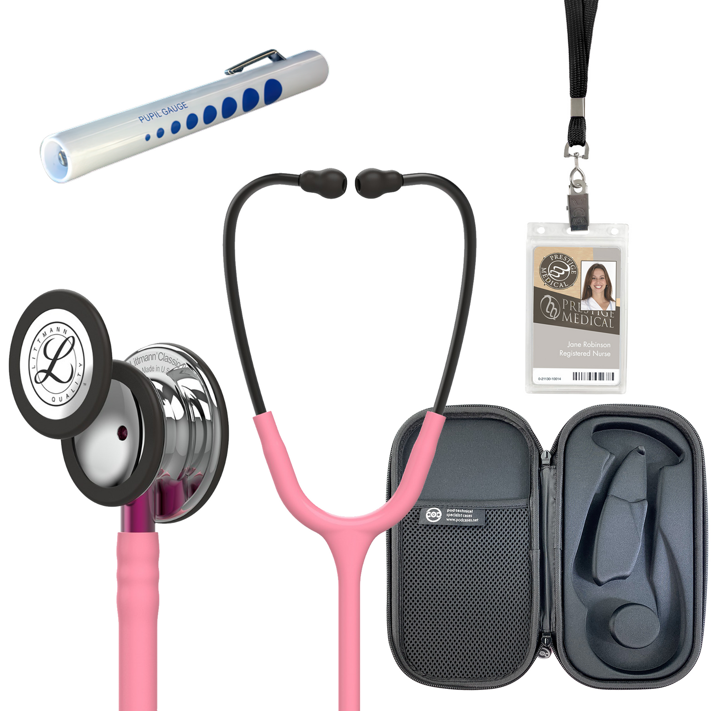 Pre Clinical Kit - Littmann Classic III Stethoscope, All Black Pod Technical Stethoscope Case, Disposable Pen Light & ID Holder